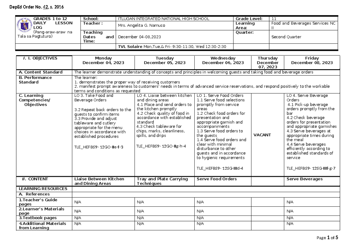 FBS DLL Q2 Wk 5 - Daily Lesson Log for Food and Beverage Services - Studocu