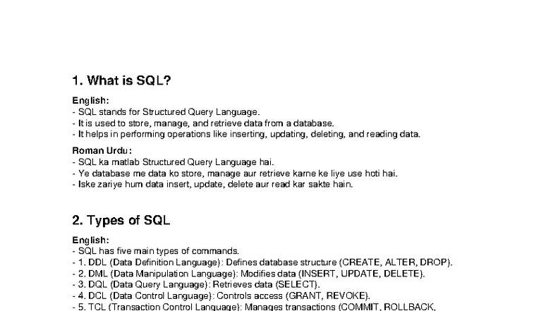 SQL and Database Bilingual Notes (ENG/UR) - Studocu
