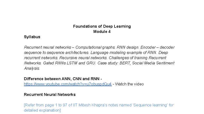 DL Module 4: Syllabus on RNNs, Encoder-Decoder, and Applications - Studocu