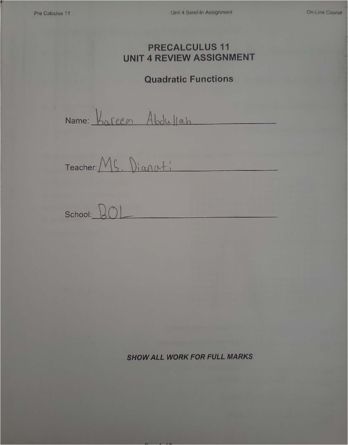 Precalculus 11 Unit 4 Review Assignment - Quadratic Functions - Studocu