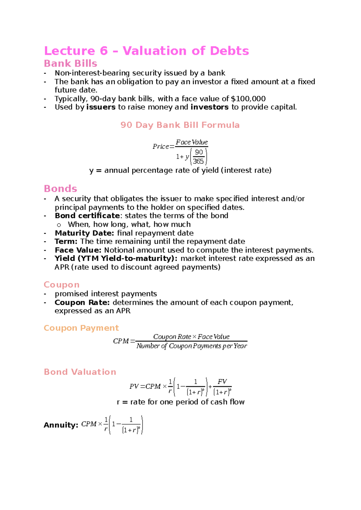 FINM1415 Final Exam Notes: Valuation of Debts & Capital Budgeting - Studocu