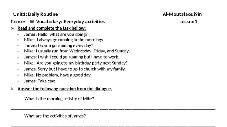 Unit 1: Daily Routine Vocabulary & Activities - English Lessons - Studocu