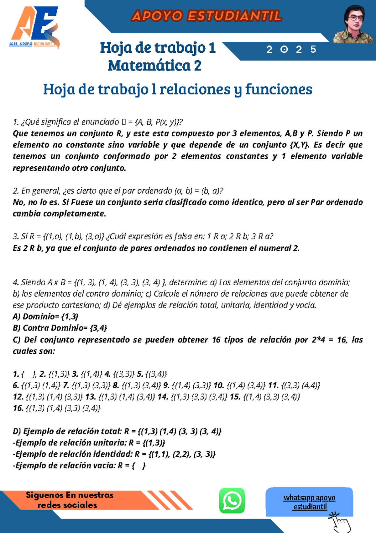 Hoja de Trabajo 1 Matemática 2: Relaciones y Funciones - Document Preview
