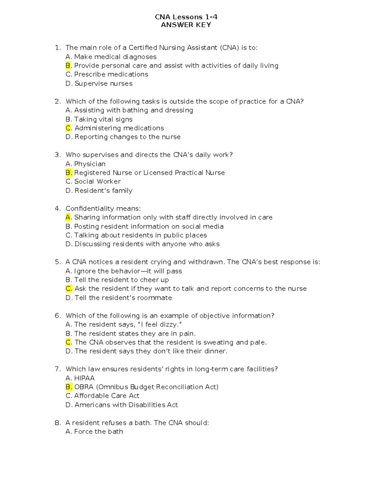 CNA Test Lessons 1-4 Answer Key: Essential Knowledge for CNAs - Studocu
