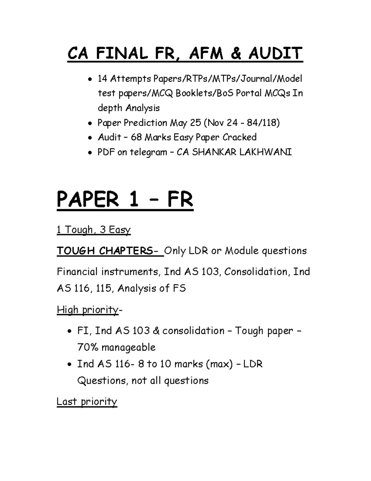 CA FINAL FR & AFM: 14 Attempts Analysis and Predictions for Audit - Studocu