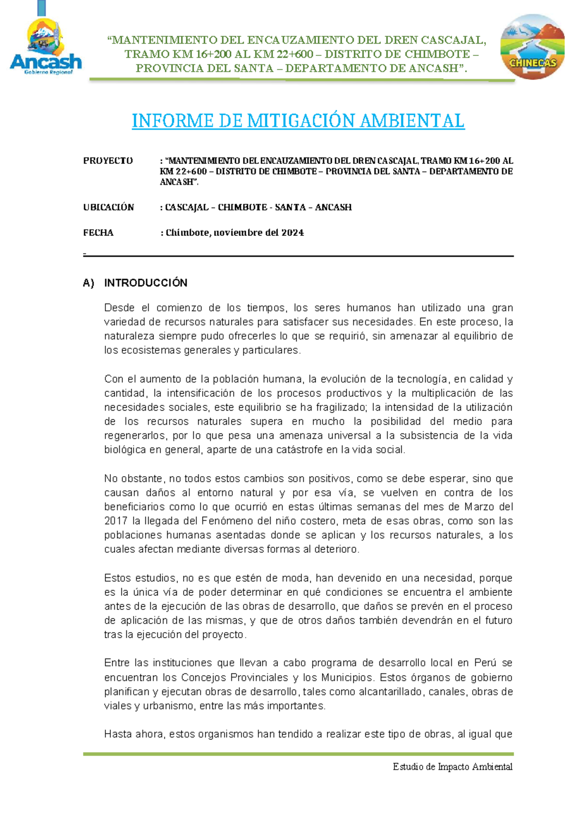 Estudio de Impacto Ambiental del Dren Cascajal en Chimbote - Informe ...