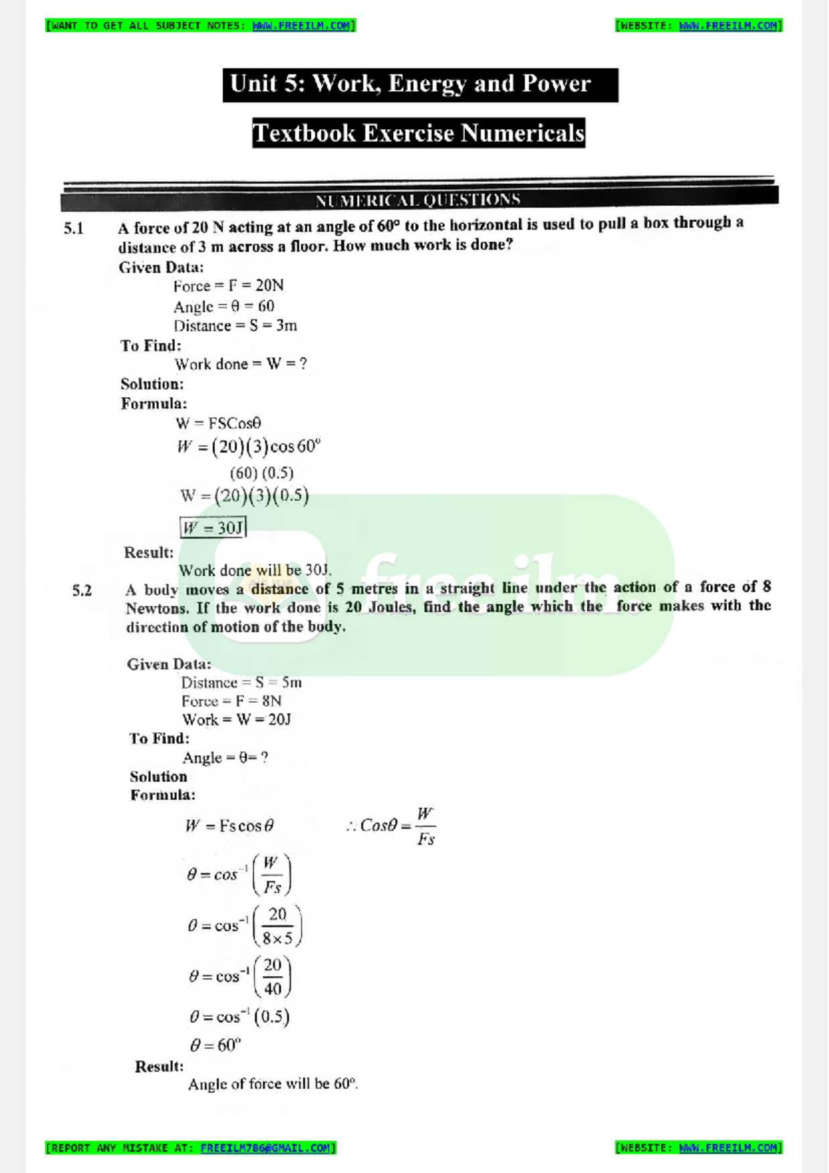 9th Physics 8:2 Unit 5: Work, Energy & Power Numerical Solutions - Studocu