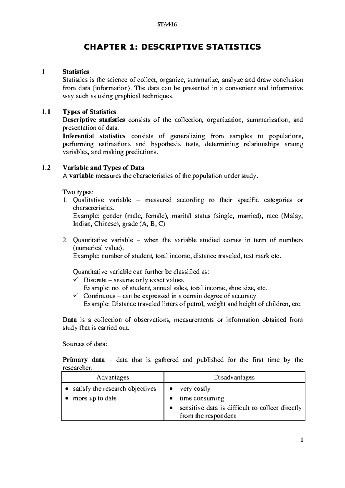 STA416 CHAPTER 1: INTRODUCTION TO DESCRIPTIVE STATISTICS - Studocu