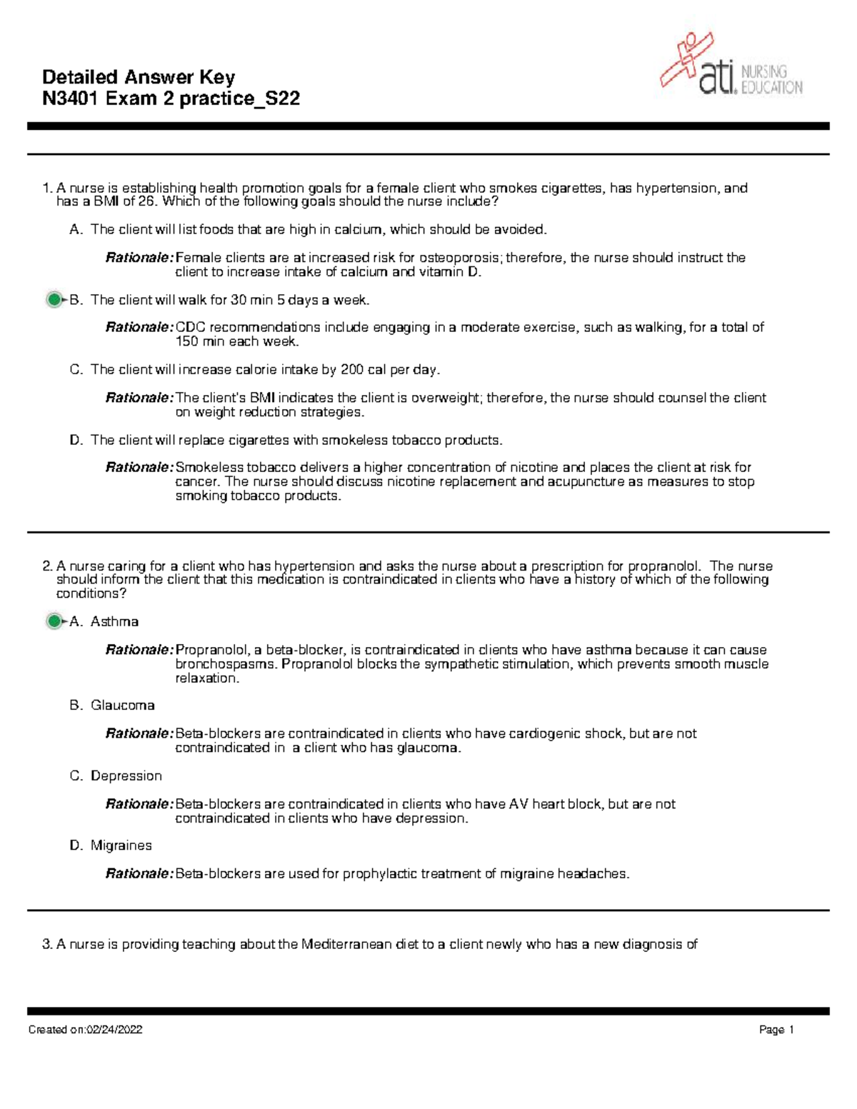 a nurse is discussing a client's tobacco use N3401 Exam 2 Practice Answer Key - Spring 2022