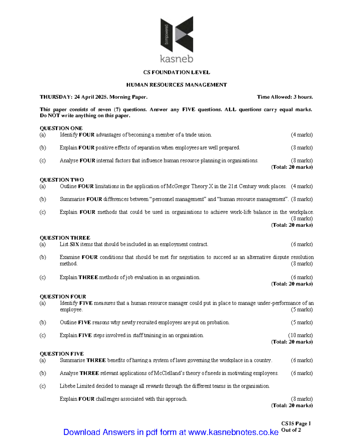 CS15 Human Resource Management Past Exam Papers - Comprehensive Review ...
