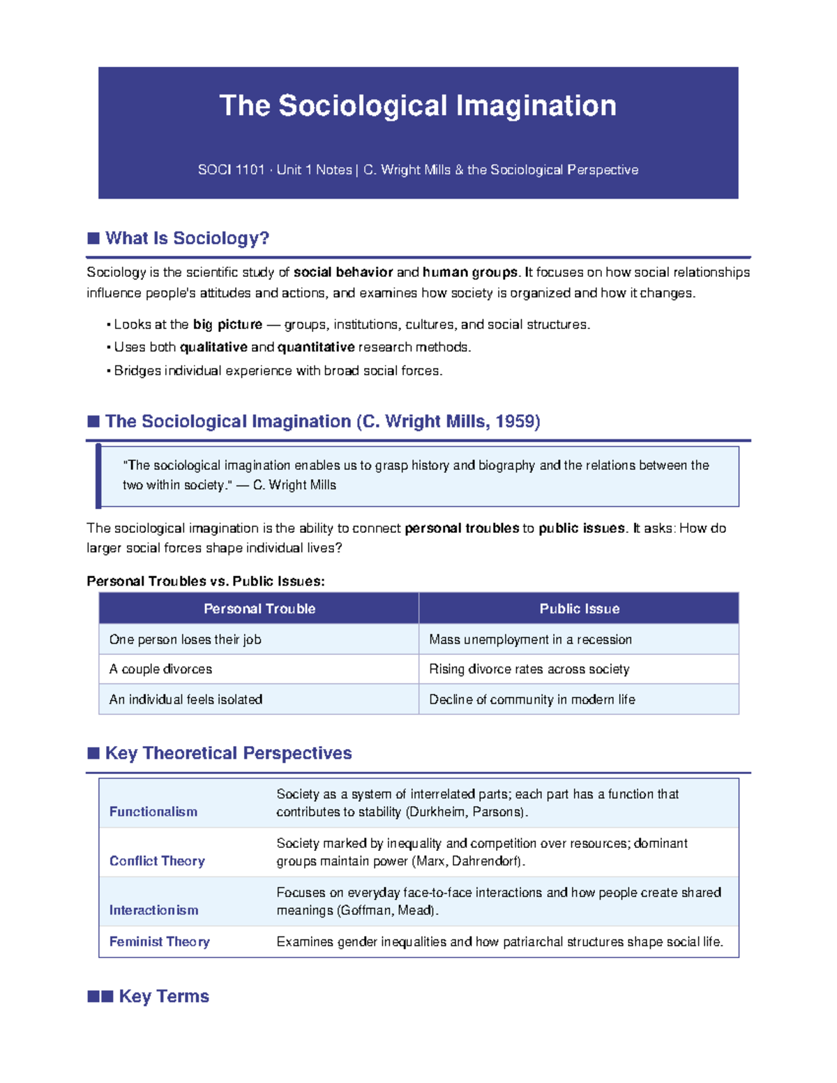 SOCI 1101 Unit 1: The Sociological Imagination Notes - Studocu