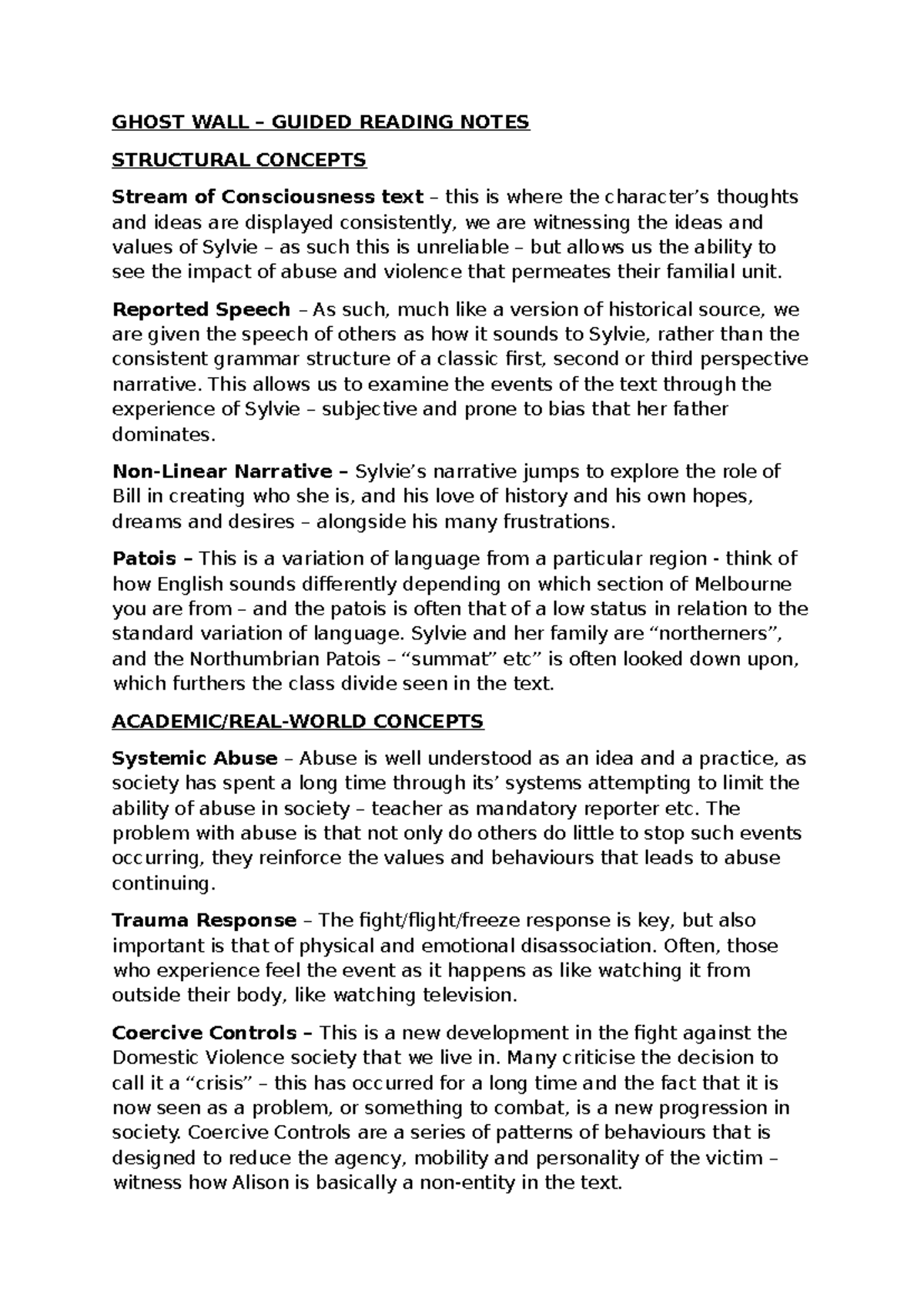 Ghost Wall (ENG 101) - Guided Reading Notes on Structural Concepts ...