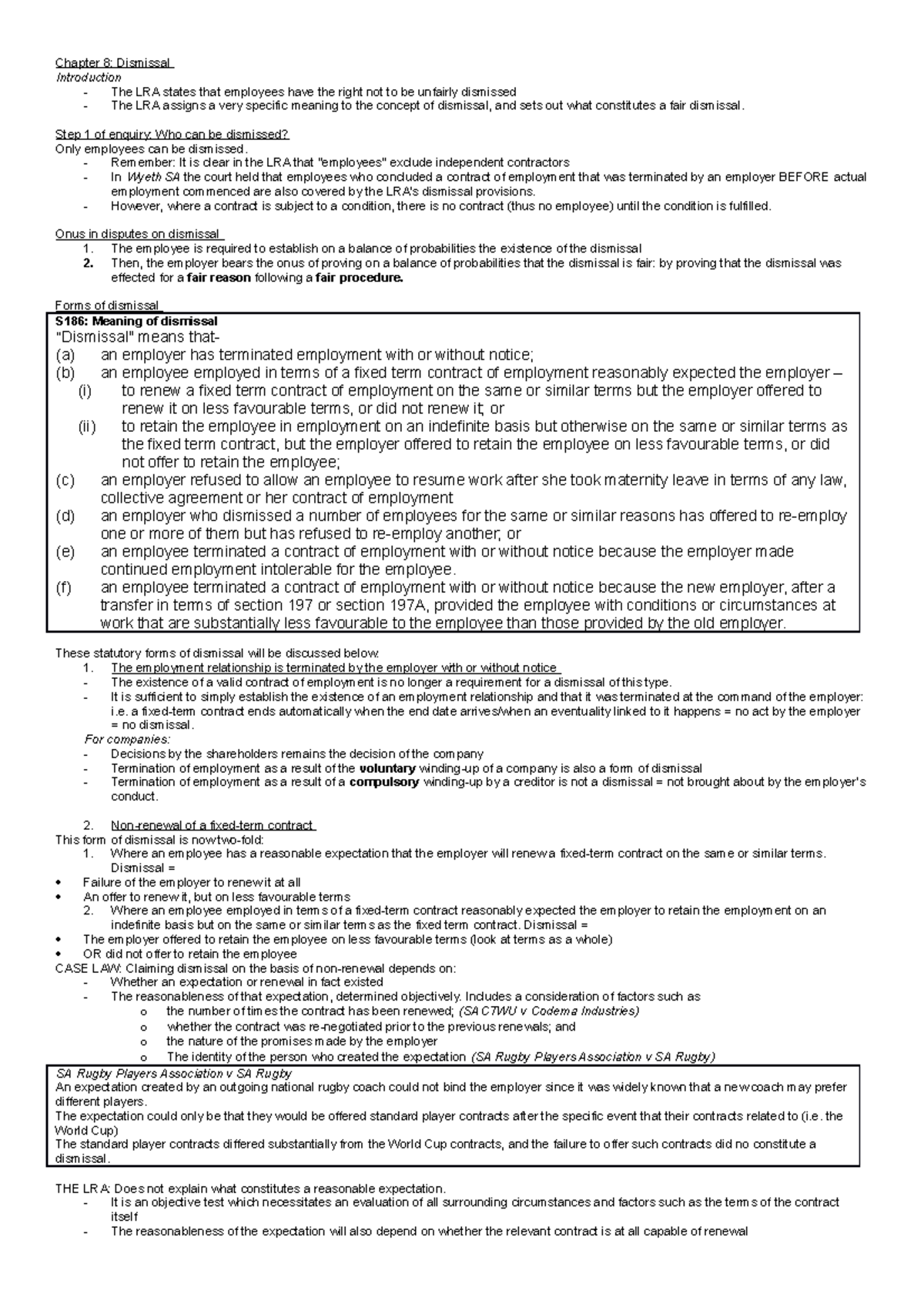 Chapter 8 - Summary on Dismissal in Labour Law - Studocu