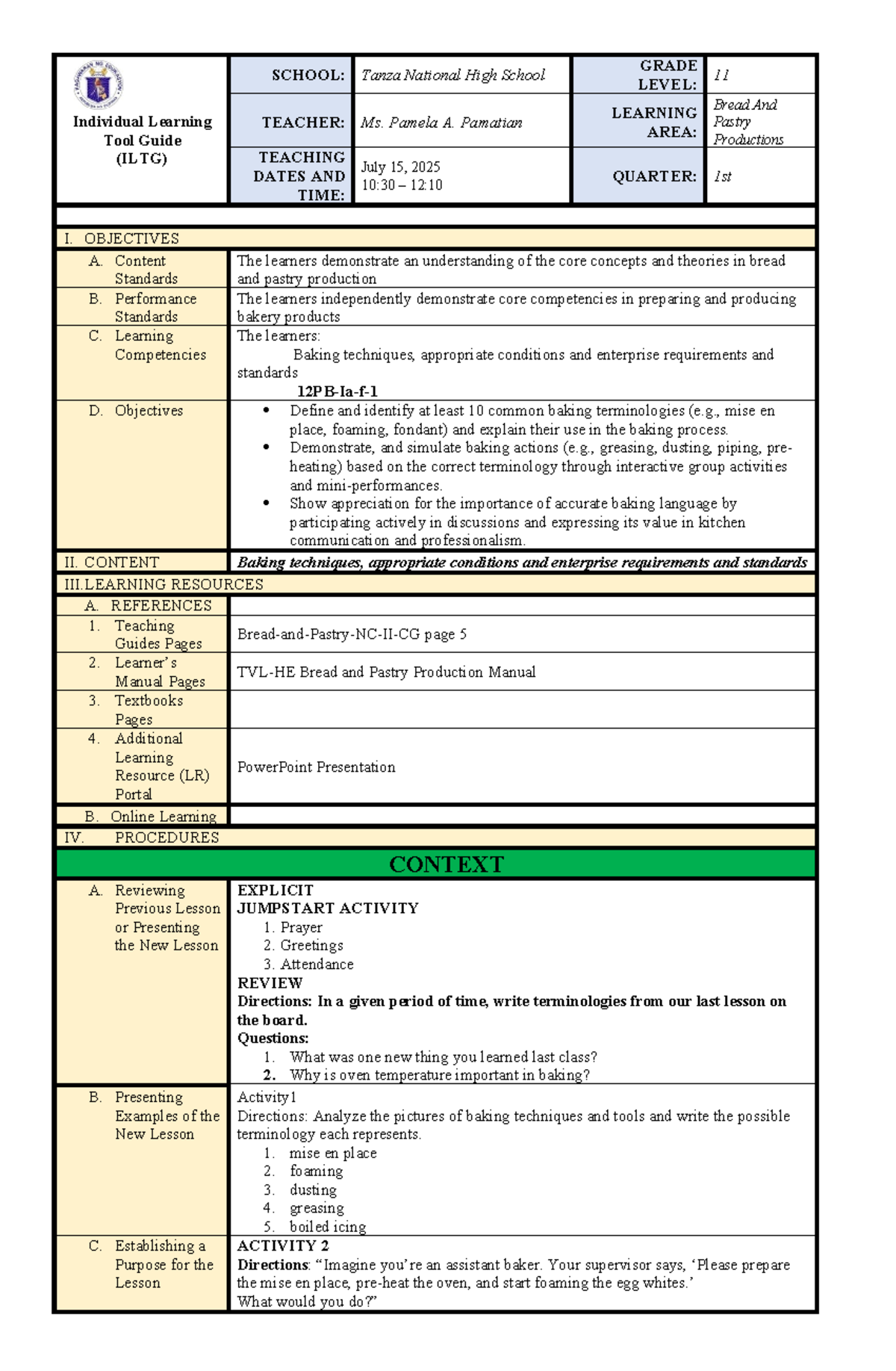 Grade 11 Bread and Pastry Production Learning Tool Guide - Studocu