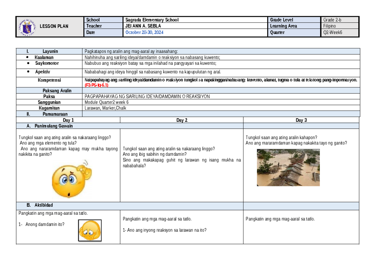 Filipino 2 Week 6 Lesson Plan - October 2024 - Studocu