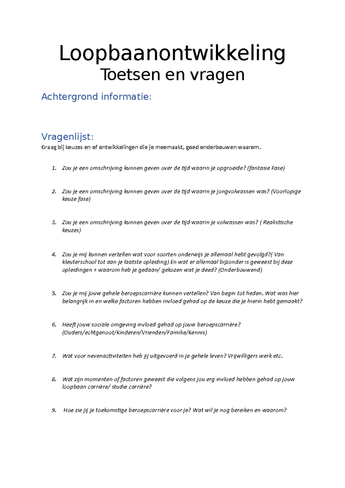 Vragenlijst voor Loopbaanontwikkeling en Carrièrereflectie - Studeersnel