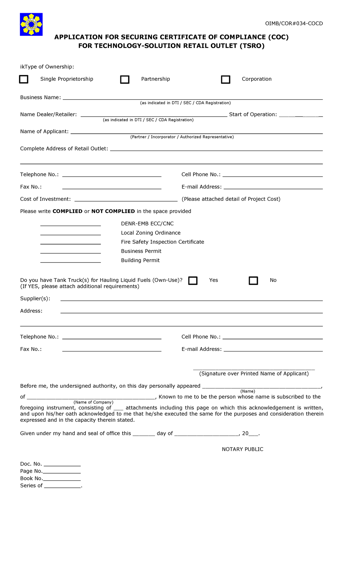Application Form for Securing COC for TSRO - OIMB/COR#034-COCD - Studocu