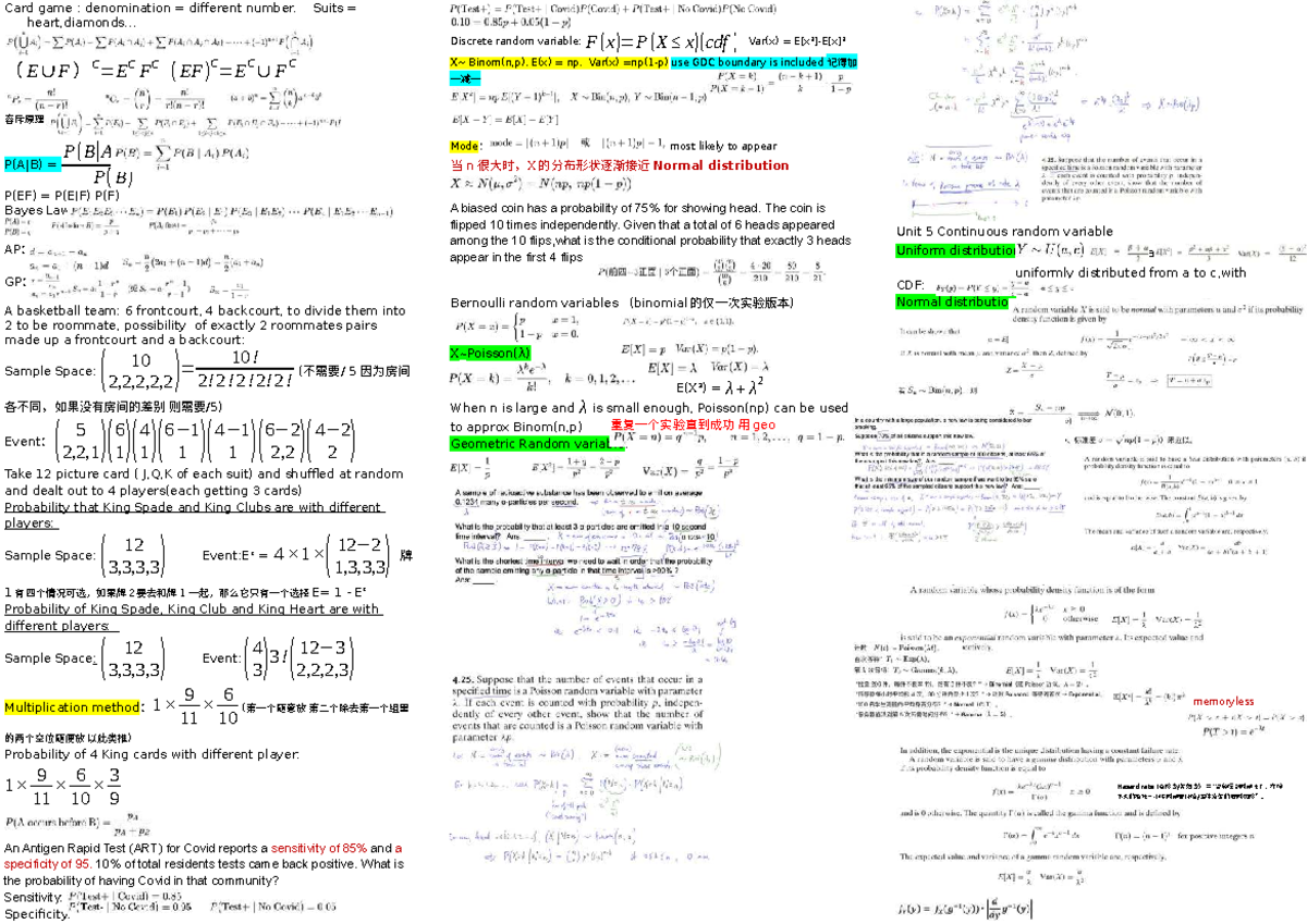 2116 Test - Probability and Random Variables Cheatsheet - Studocu