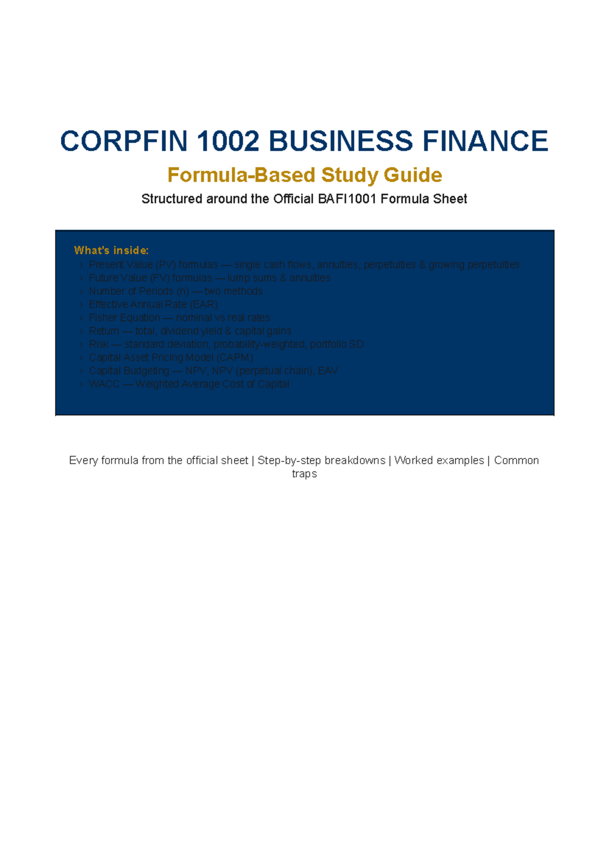 CORPFIN 1002 BUSINESS FINANCE Formula Sheet Study Guide - Studocu