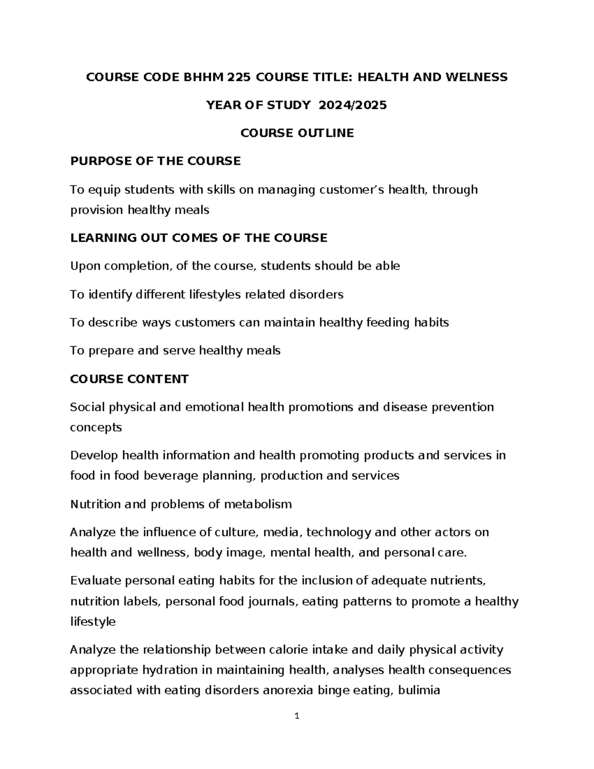 BHHM 225 Health and Wellness Course Outline Notes - Studocu