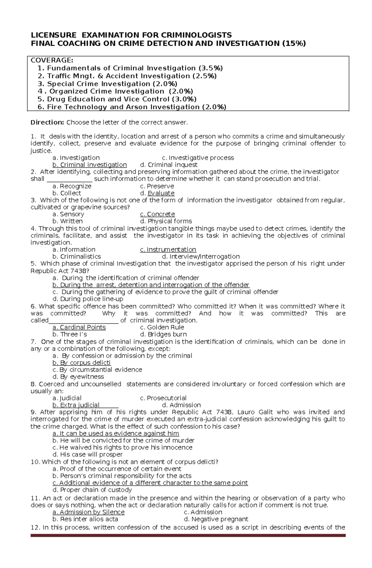 LICENSURE EXAMINATION FOR CRIMINOLOGISTS FINAL COACHING: CRIME ...
