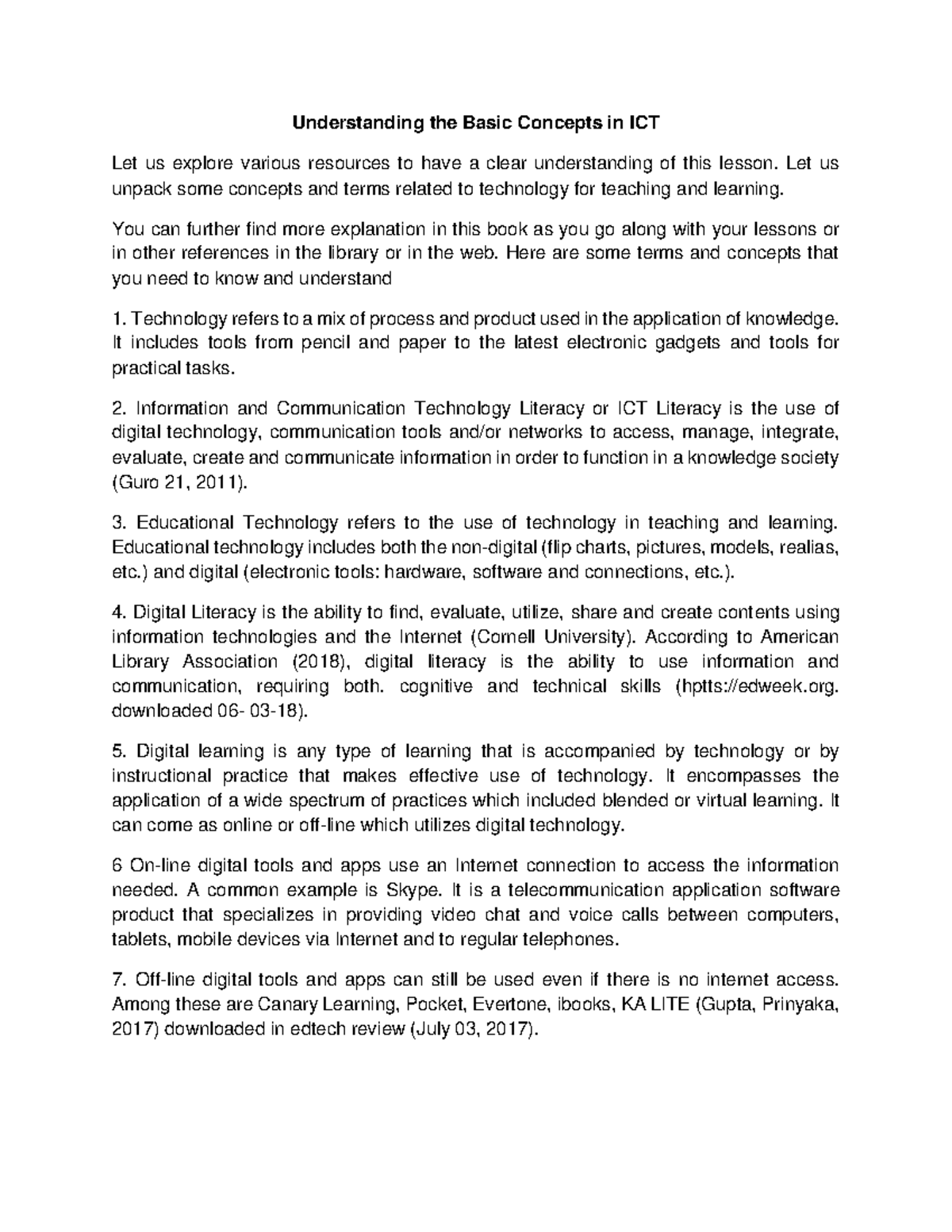 Understanding Basic ICT Concepts for Teaching and Learning (ICT 1 ...