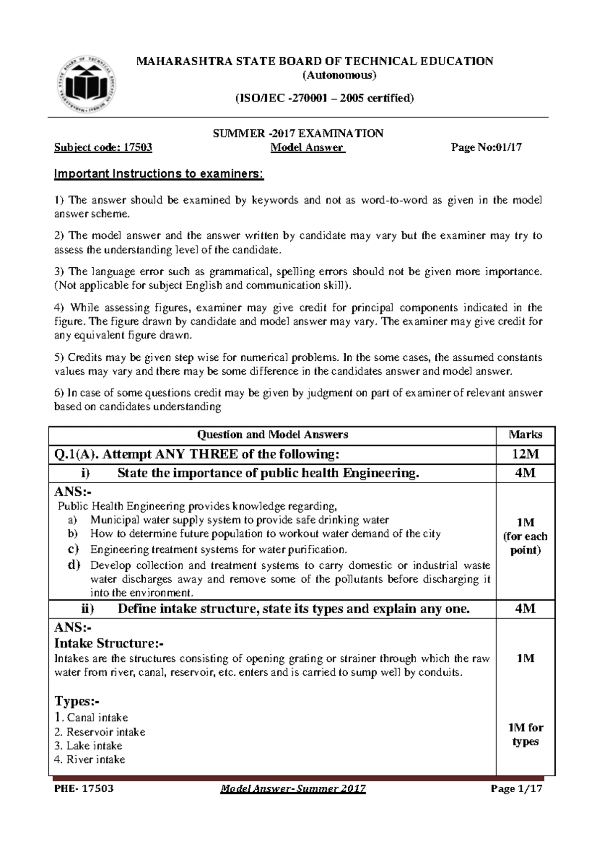 17503 Water Supply & Sanitation: 2014 Winter Model Answer Paper - Studocu