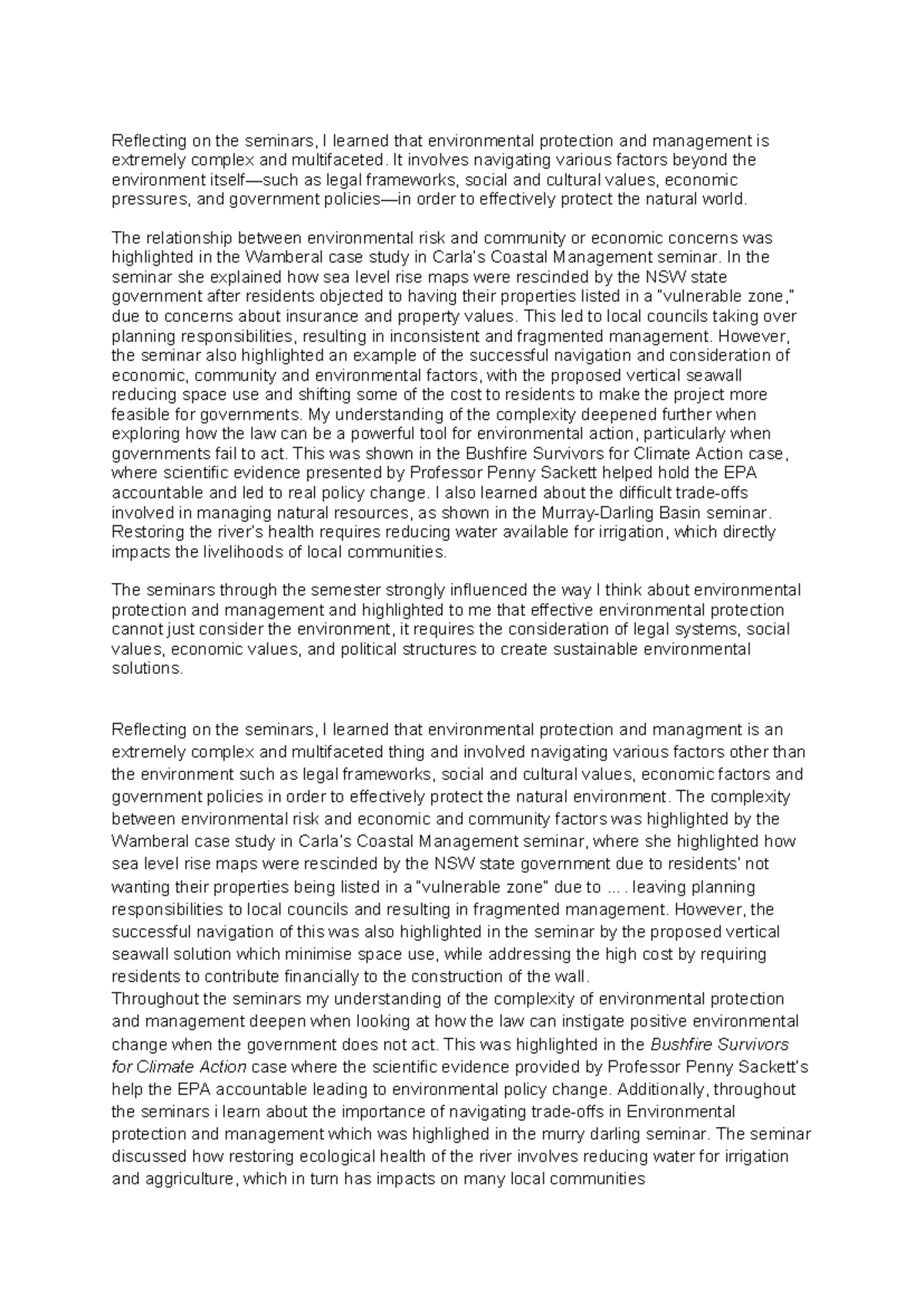EPM 101: Reflection on Environmental Protection Seminars - Studocu