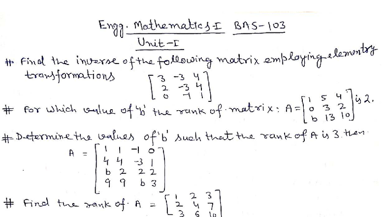 Question Bank: Engg. Maths 1 BAS 103 - Matrix Inversion & Eigenvalues ...