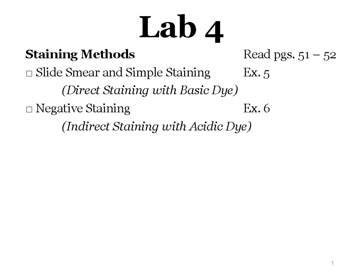Lab 4: Staining Methods and Techniques (Biology 101) - Lab 4 Staining ...
