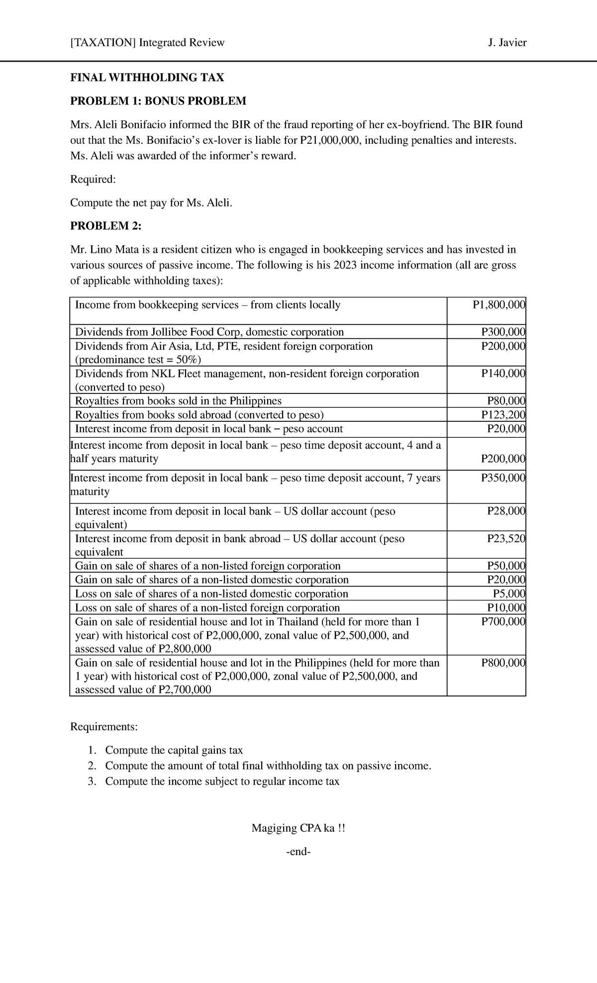 Integrated Review: Final Withholding Tax Problems (J. Javier) - Studocu
