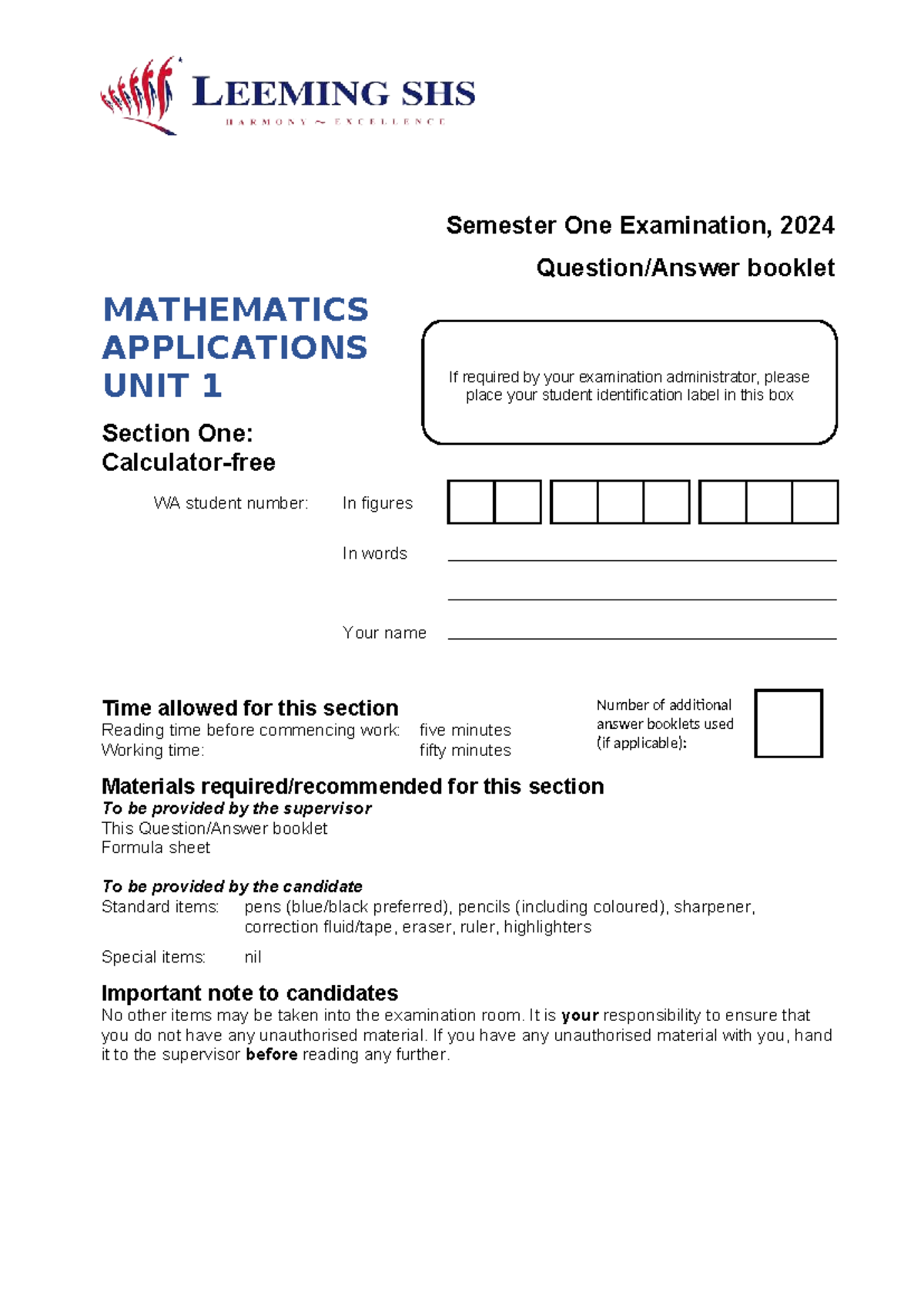 2024 Y11 Mathematics Applications Unit 1 Semester 1 Exam Booklet - Studocu