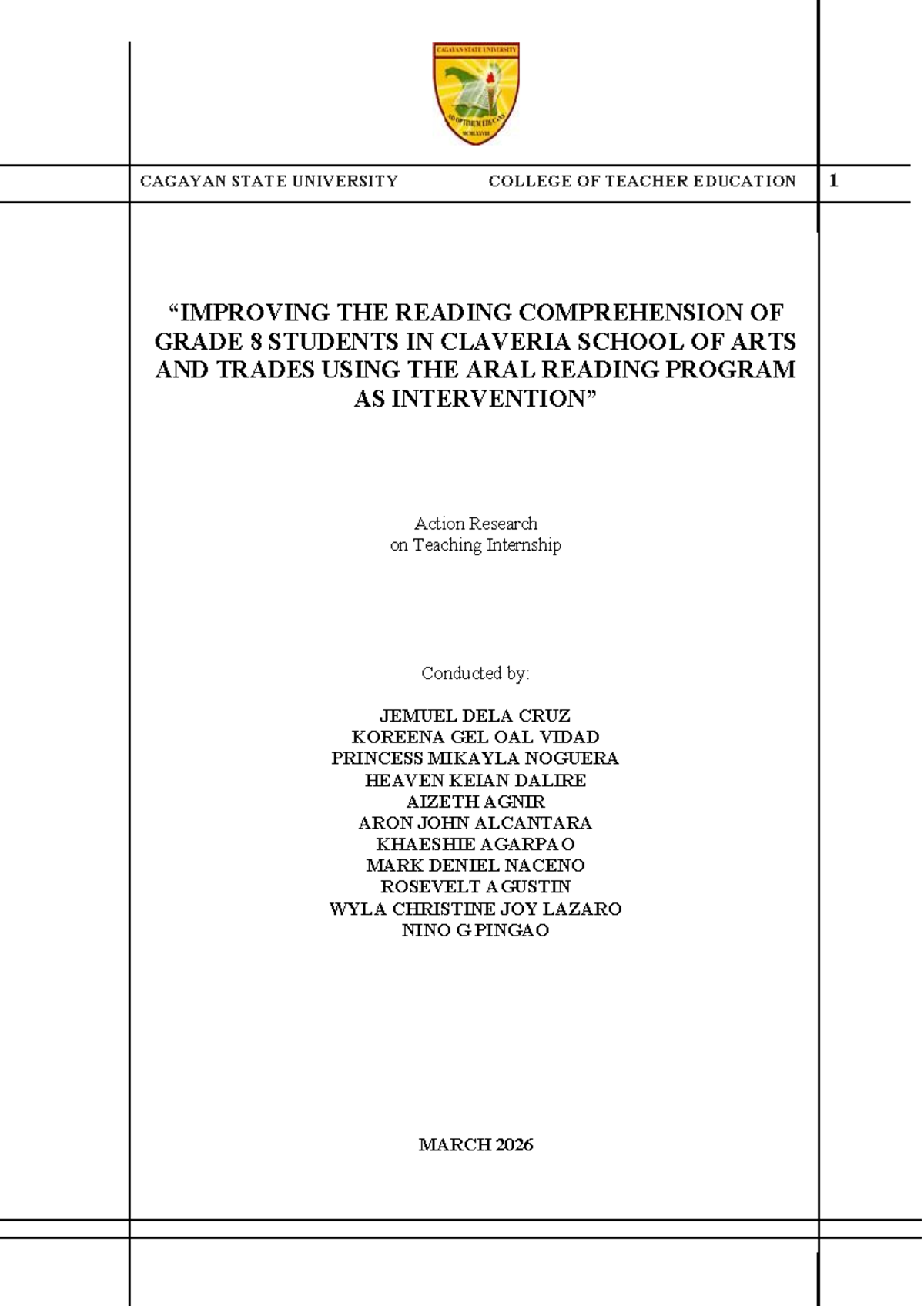 ARAL Reading Program: Enhancing Grade 8 Comprehension at CSAT - Studocu