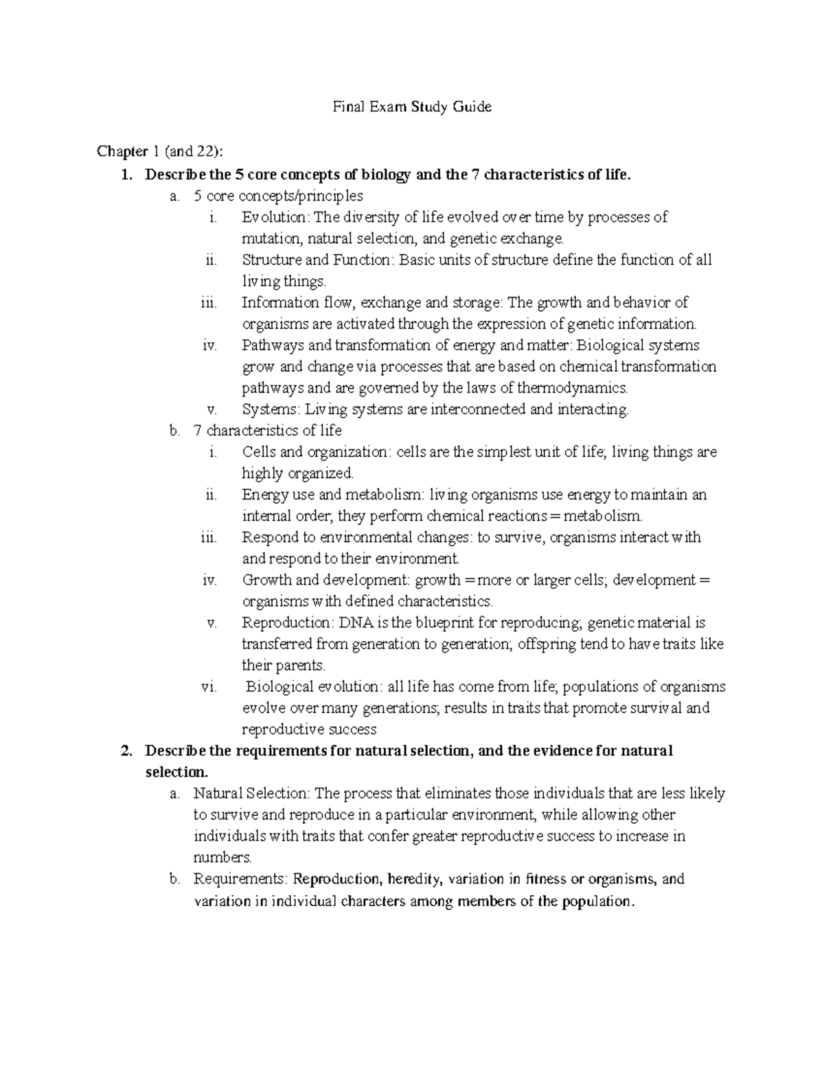 BIO 1200 Final Exam Study Guide: Key Concepts and Processes in Biology ...