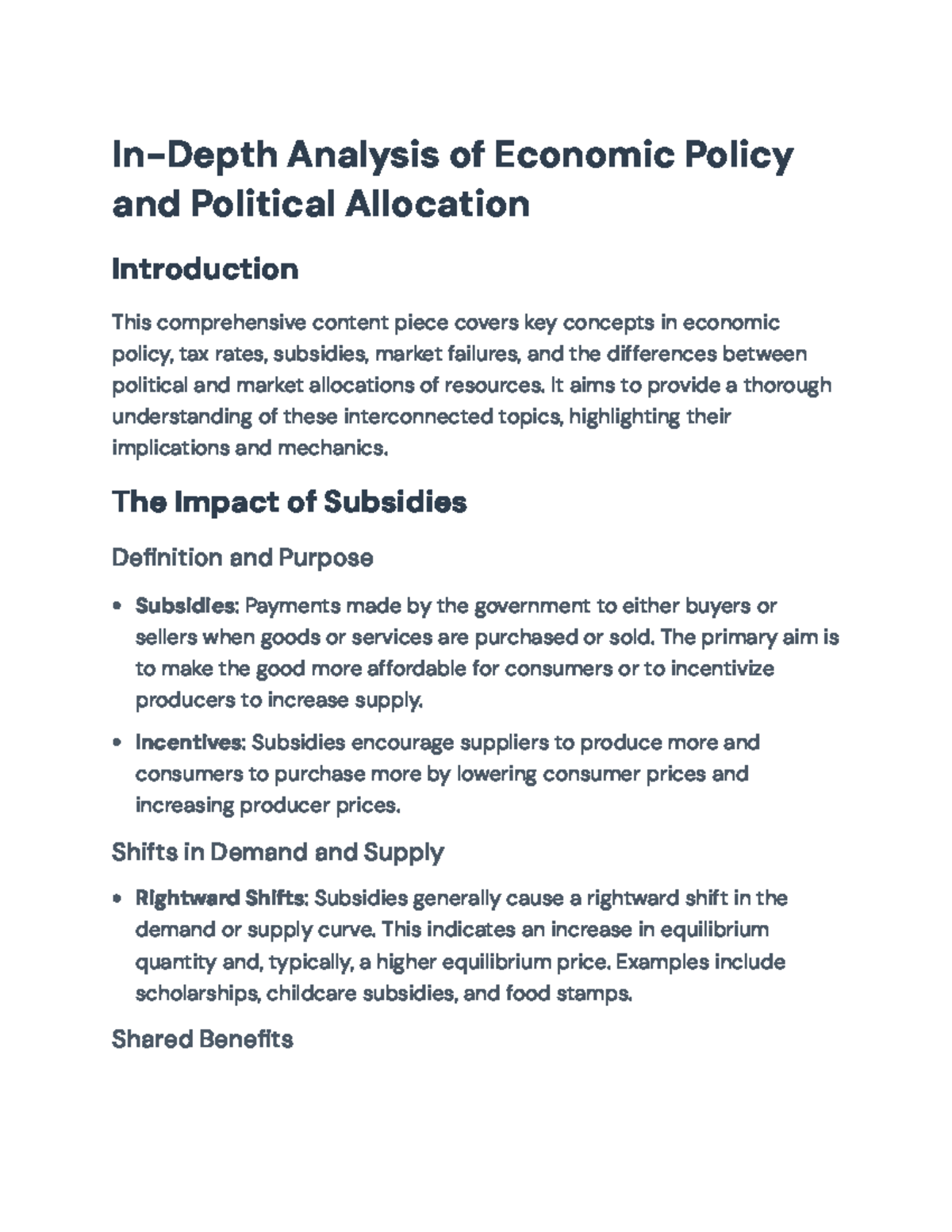 Economic Policy Analysis: Taxation, Subsidies, and Market Allocation ...