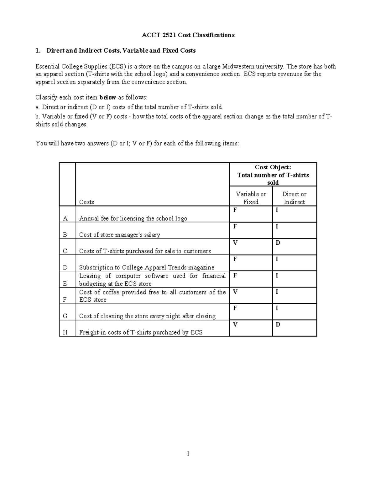 ACCT2521 Class Handout: Cost Classifications & Cost Analysis Week 1 ...