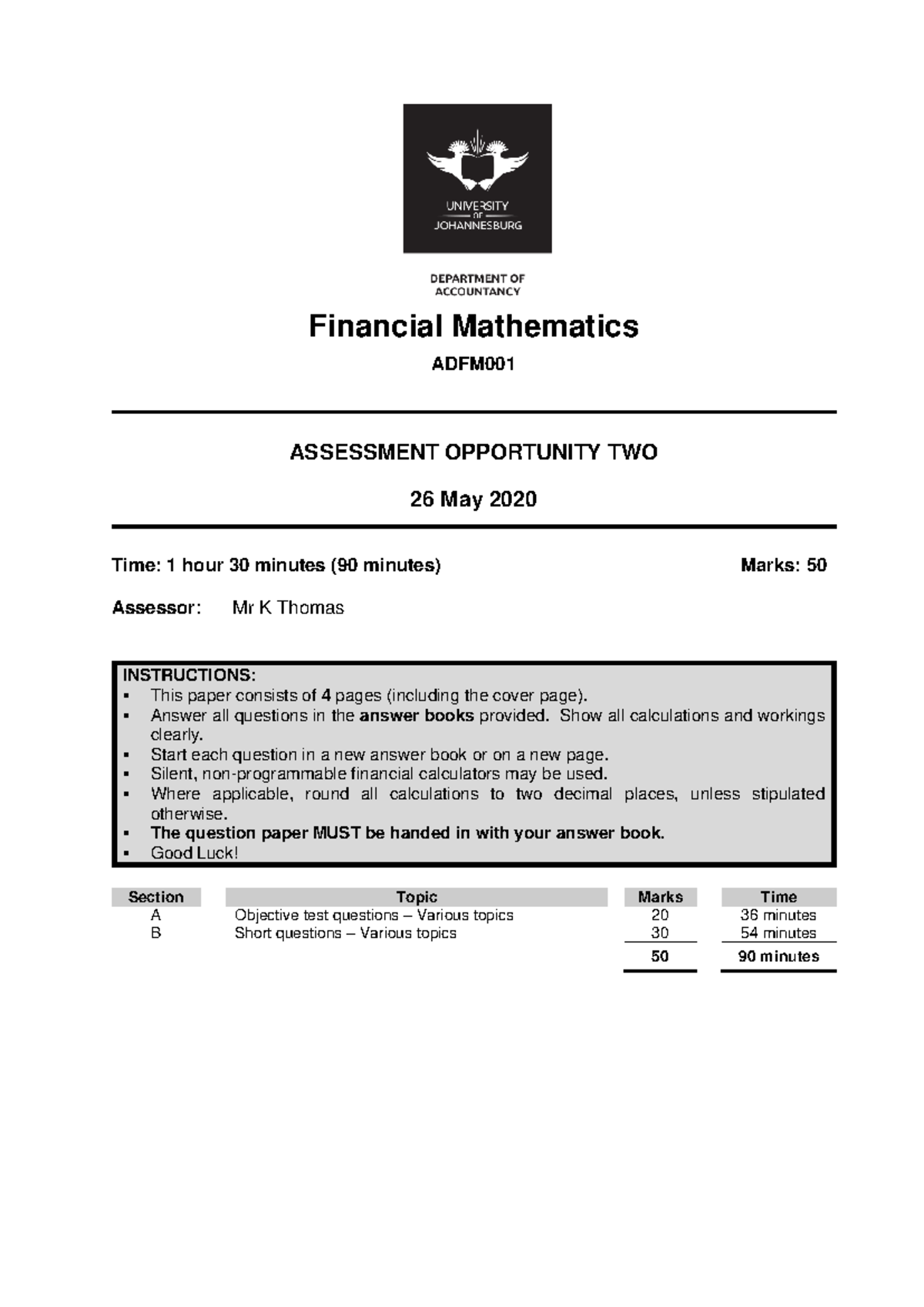 Financial Mathematics ADFM001 Test 2 May 2020 - Comprehensive Review ...