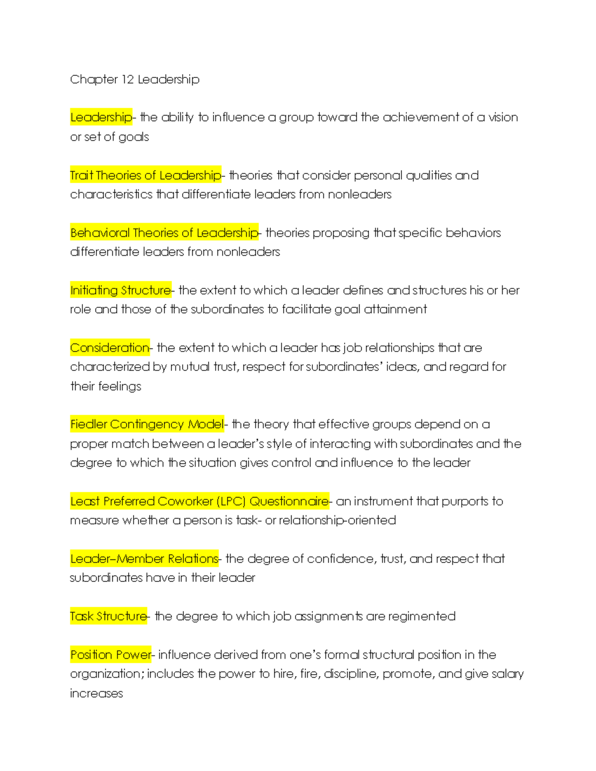 Chapter 12 Notes - Terms and pictures - Chapter 12 Leadership ...