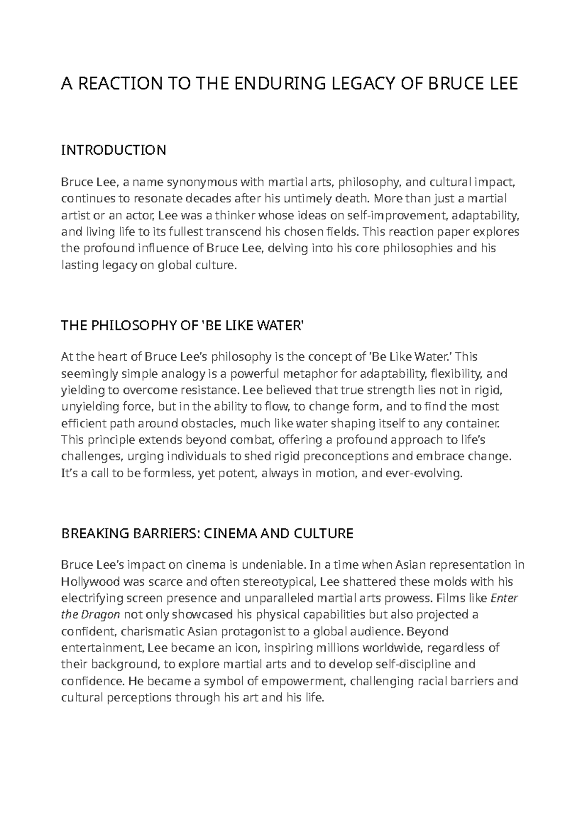 Bruce Lee's Enduring Legacy: A Reaction Paper on His Philosophy - Studocu