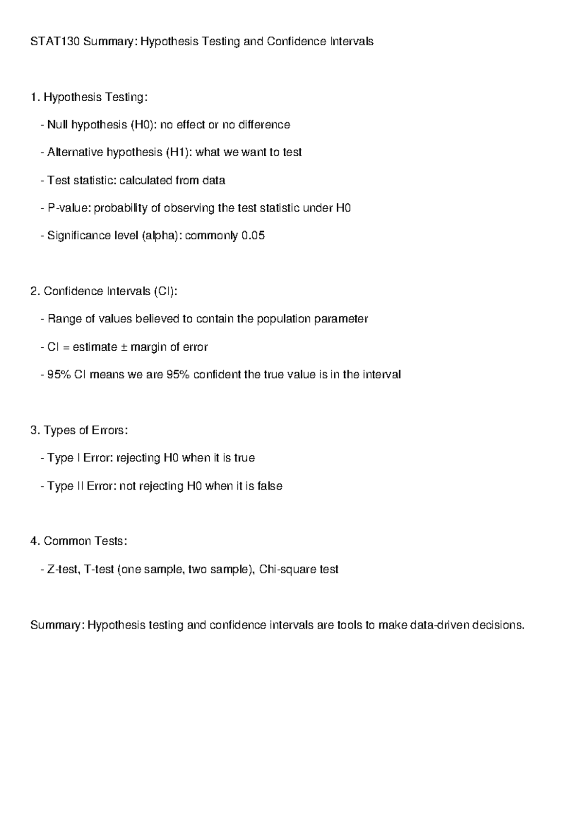 STAT130 Final Exam Summary: Hypothesis Testing & Confidence Intervals ...