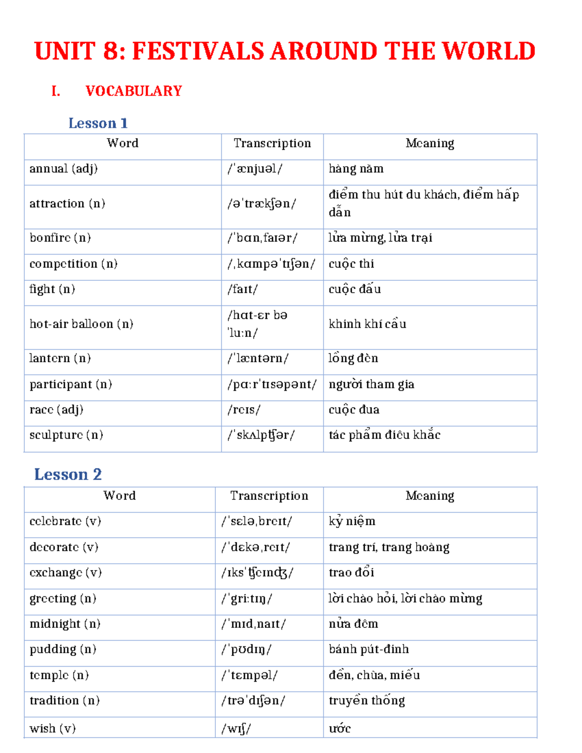 Bài tập TA7: Unit 8 - Festivals Around the World (Vocabulary & Grammar ...