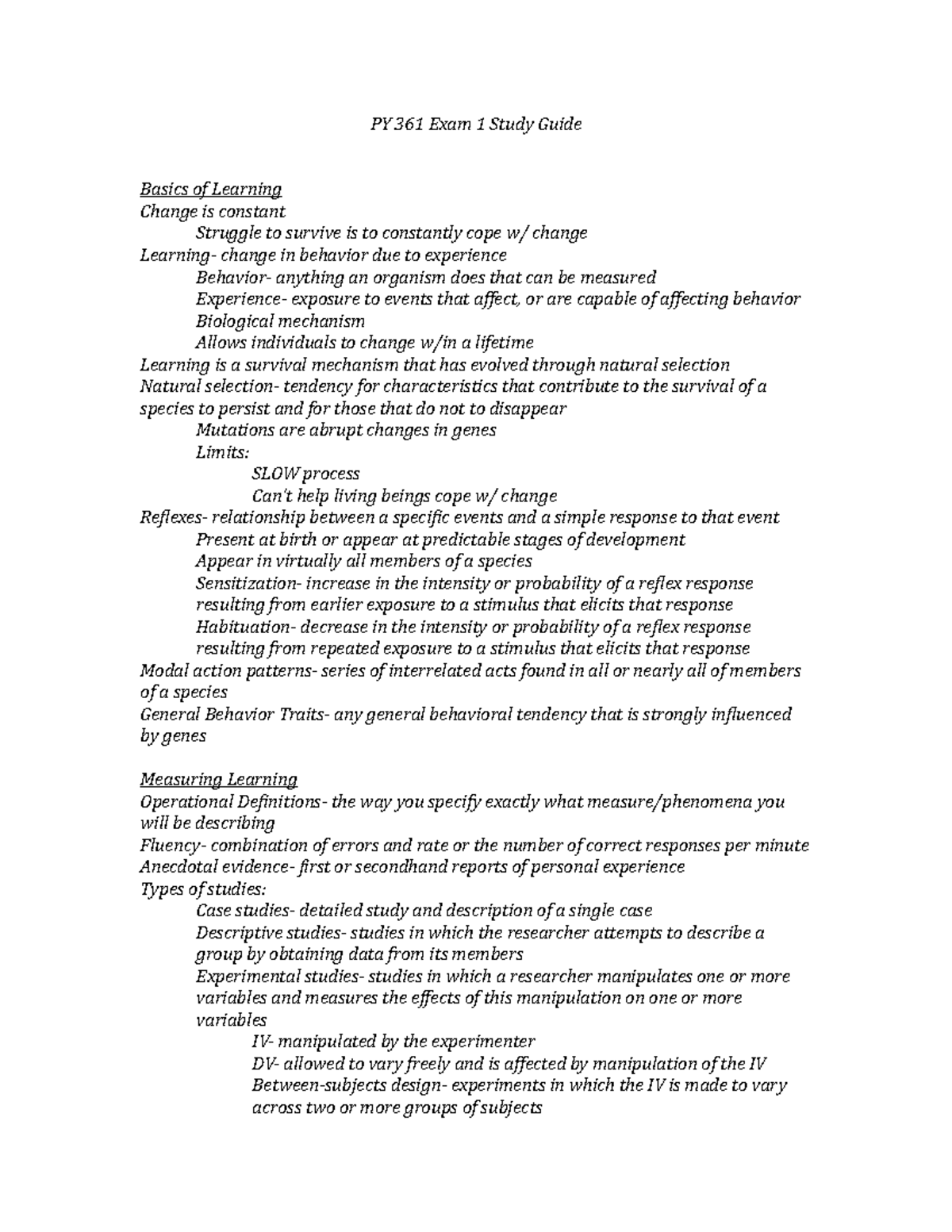 PY 361 Exam 1 Study Guide: Learning Mechanisms and Behavior Analysis ...