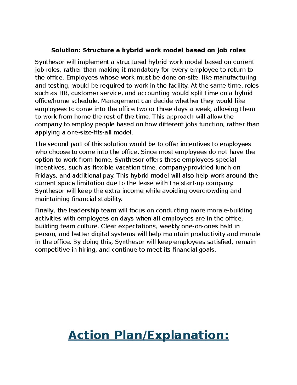 Recommended Action Plan for Hybrid Work Model Implementation (Task 2 ...