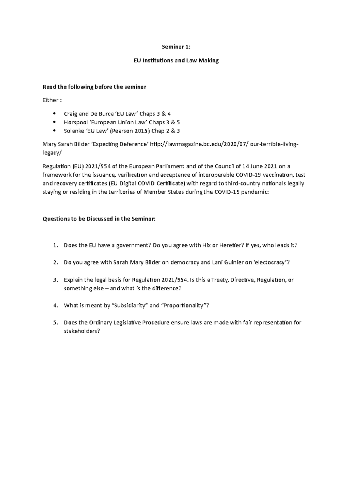 1. 2. Seminar 1 - EU Institutions and Law Making - Seminar 1: EU ...