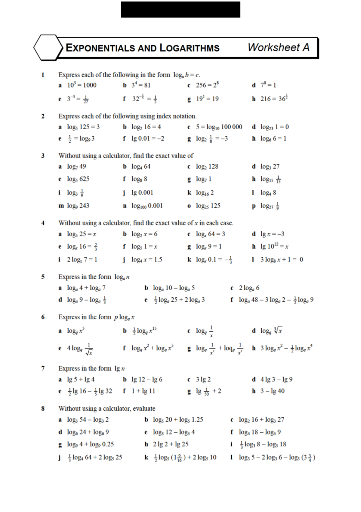 Exponential and Logarithmic Functions Worksheet A & B - Studocu