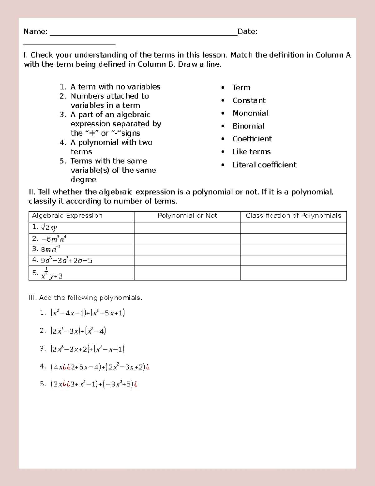 Worksheet polynomials - Name ...