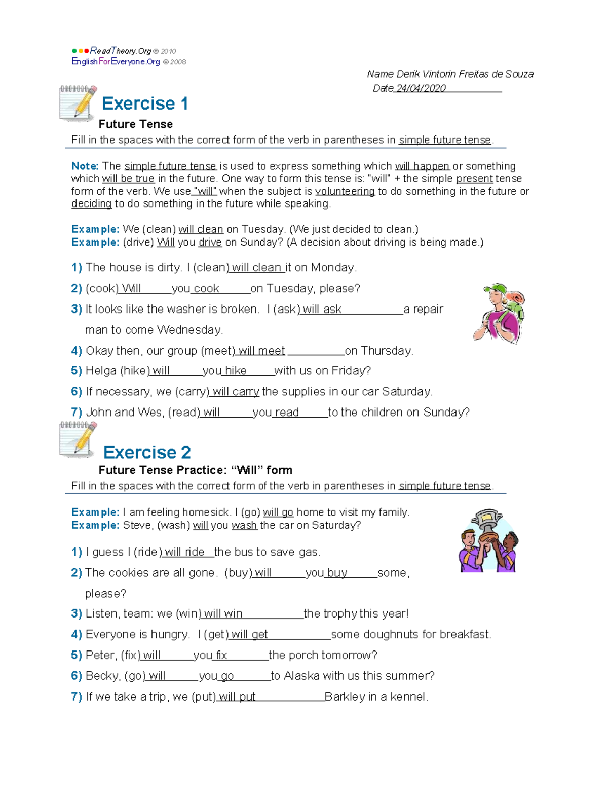 2010 ENG 5° P - Future Tense Exercises and Practice Notes - Studocu
