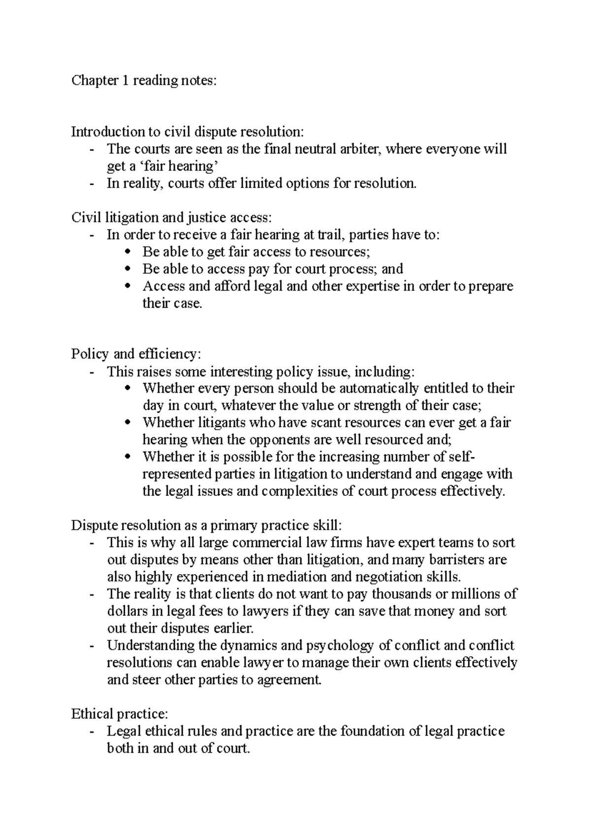 Civil Litigation & Dispute Resolution: Chapter 1 Notes (LAW101) - Studocu