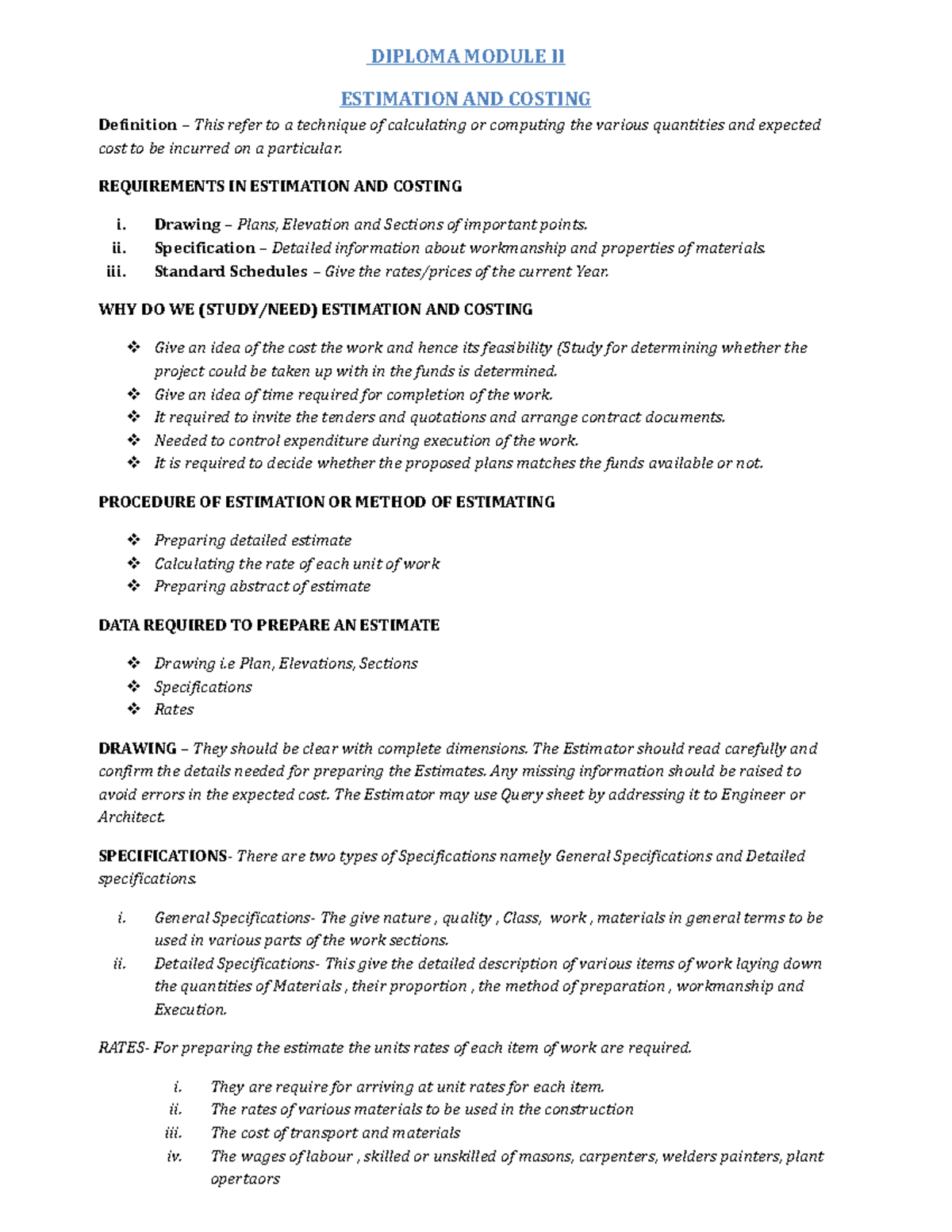Diploma Module II - Estimation and Costing Key Concepts and Guidelines ...