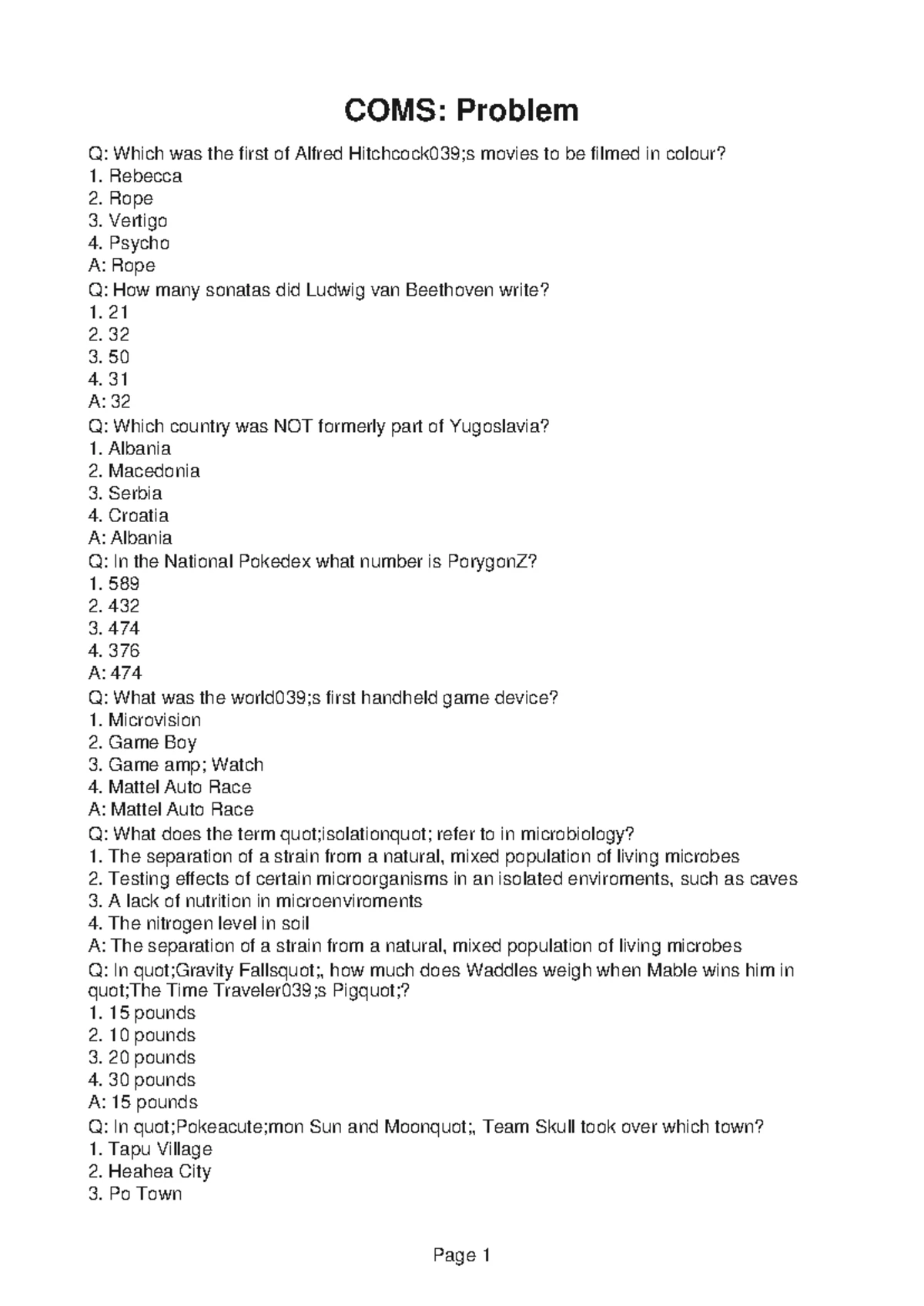 COMS229 Quiz Example 7 - Trivia Questions & Answers from Various Topics ...